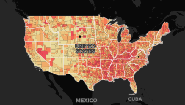 Cancer death rate in the U.S. (2009-13)